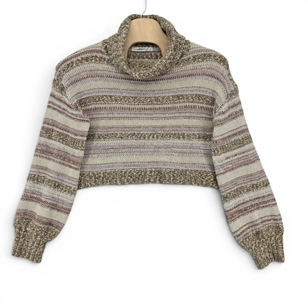 Altar'd State‎ XL Cropped Turtleneck Sweater Boho Cozy Neutral Striped Oversized